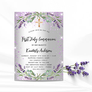 First Communion lavender silver violet sparkles Invitation
