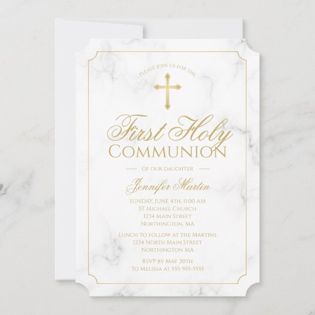 First Communion Marble Elegant Gold Script Girl Invitation (Front)