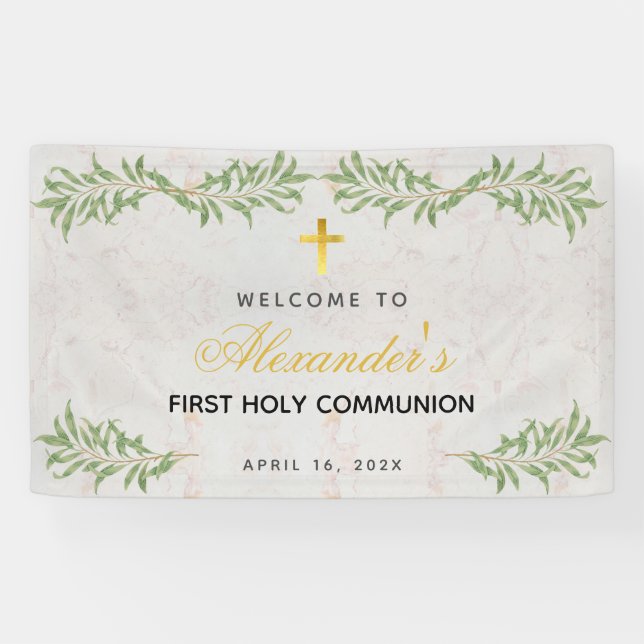 First Communion Marble Foliage Calligraphy Welcome Banner (Horizontal)