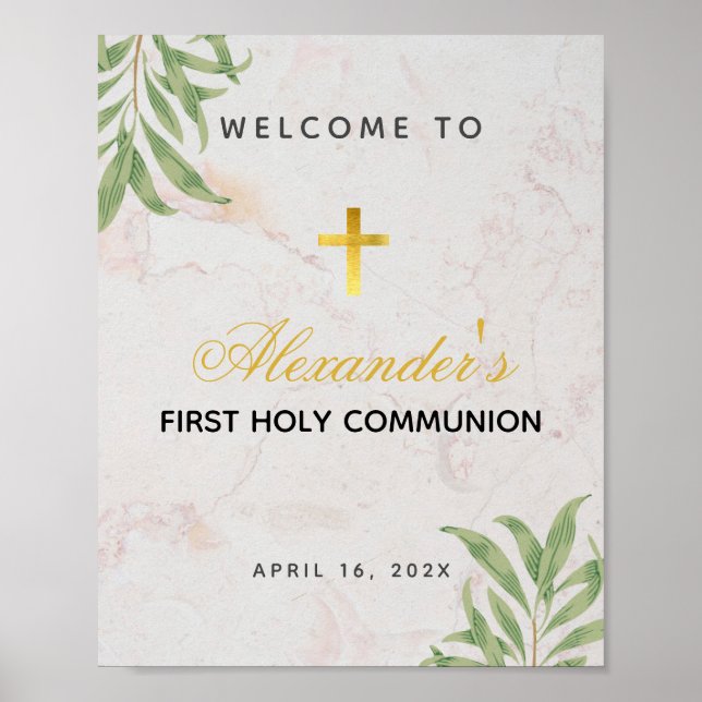 First Communion Marble Foliage Gold Cross Welcome Poster (Front)