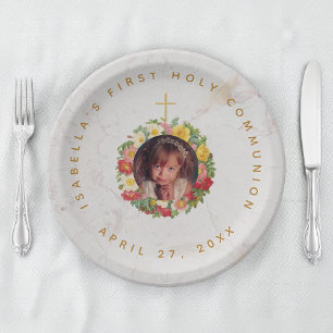 First Communion Marble Girl Photo in Rose Wreath Paper Plate