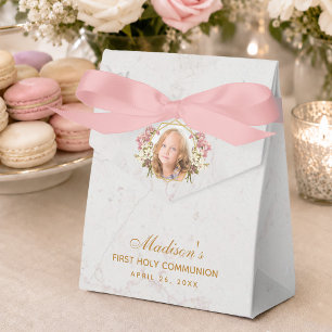 First Communion Marble Girl Photo Pink Orchid Gold Favour Box