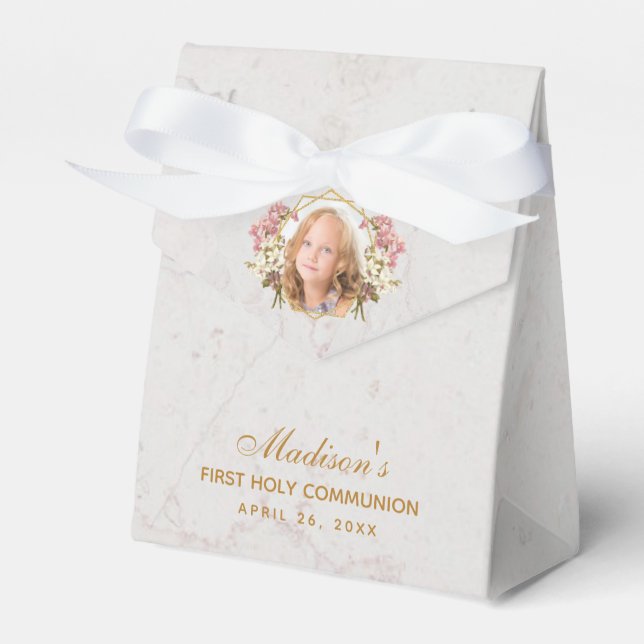 First Communion Marble Girl Photo Pink Orchid Gold Favour Box (Front Side)