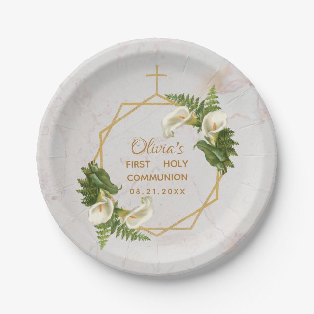 First Communion Marble Gold Calla Lilies Geometric Paper Plate (Front)