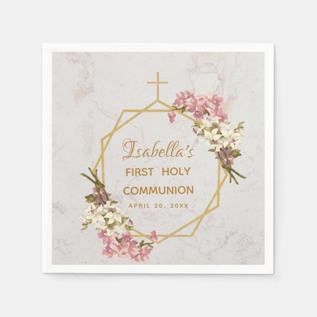 First Communion Marble Gold Orchid Floral Geometry Napkin (Front)