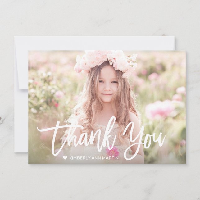 First Communion Modern White Script Cross Photo Thank You Card (Front)