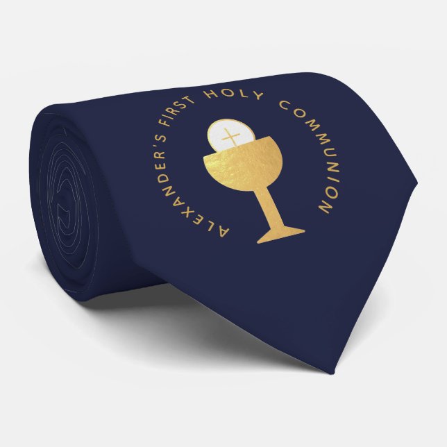 First Communion Navy Blue Faux Gold Chalice & Name Tie (Rolled)