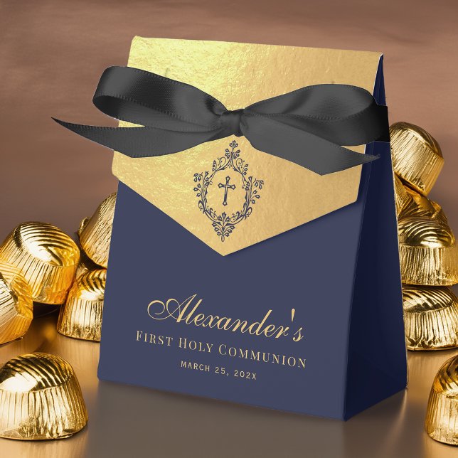 First Communion Navy Blue Faux Gold Elegant Crest Favour Box (Creator Uploaded)