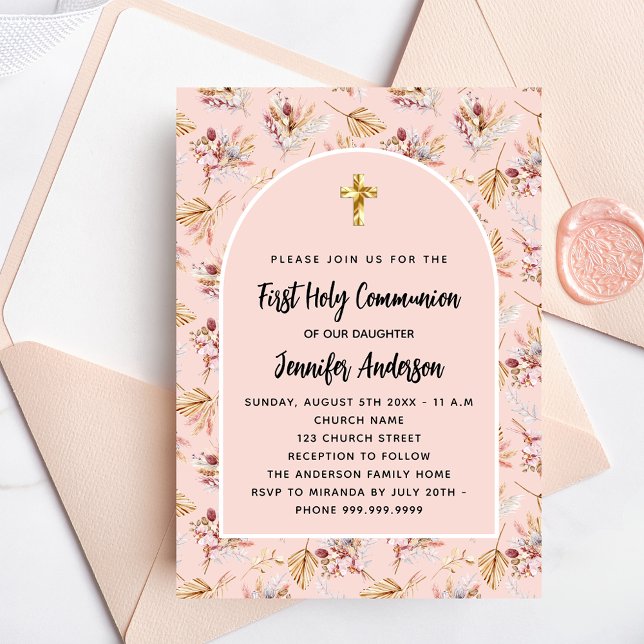First Communion pampas grass flowers rose gold Invitation (Creator Uploaded)