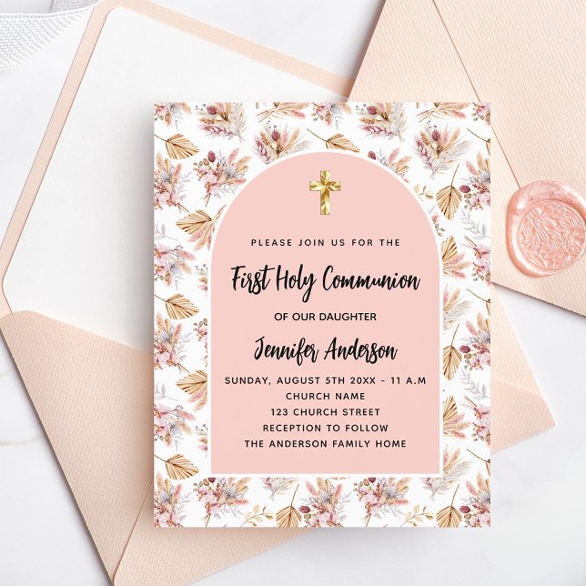First Communion pampas rose gold budget invitation (Creator Uploaded)