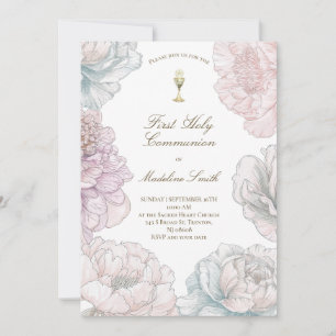 first communion pastel colours peonies invitation