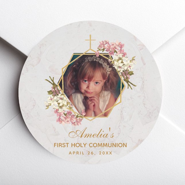 First Communion Photo Gold Pink Orchids Marble Classic Round Sticker (Creator Uploaded)