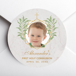 First Communion Photo Greenery Botanical Geometric Classic Round Sticker
