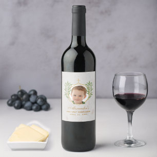 First Communion Photo Greenery Foliage Gold Marble Wine Label