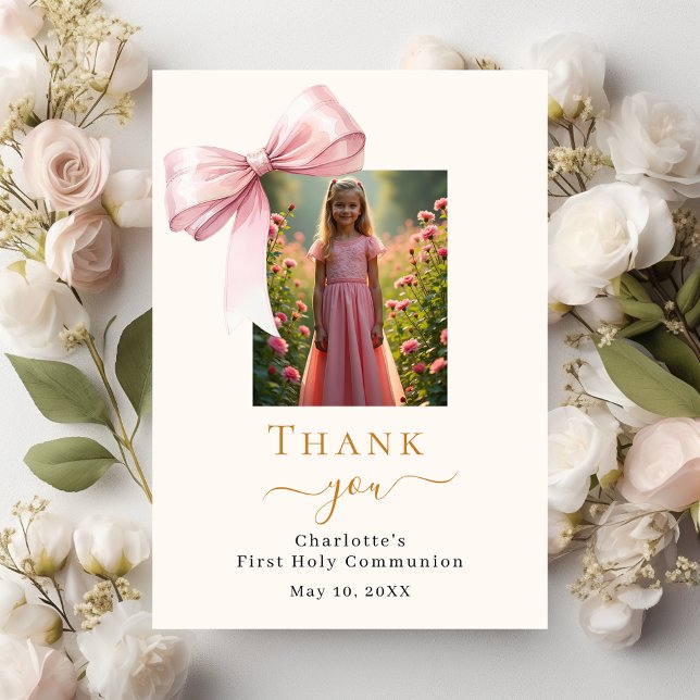 First Communion photo pink bow cream  Thank You Card (Creator Uploaded)