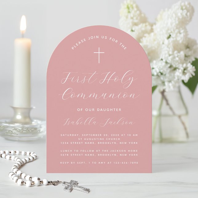First Communion Pink Arch Dusty Rose Simple Girl  Invitation (Creator Uploaded)