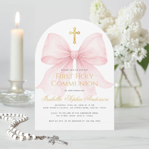 First Communion Pink Bow and Faux Gold Cross Girl  Invitation