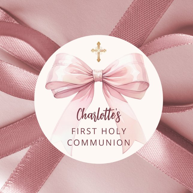 First Communion pink bow girl cream cross Classic Round Sticker (Creator Uploaded)