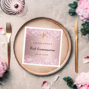 First Communion pink confetti name girl Napkin