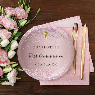 First Communion pink confetti name girl Paper Plate