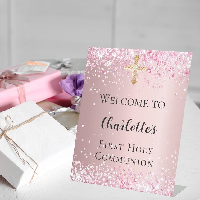 First Communion pink confetti welcome Pedestal Sign (Creator Uploaded)