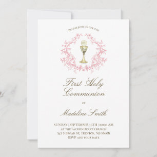 first communion pink crest invitation