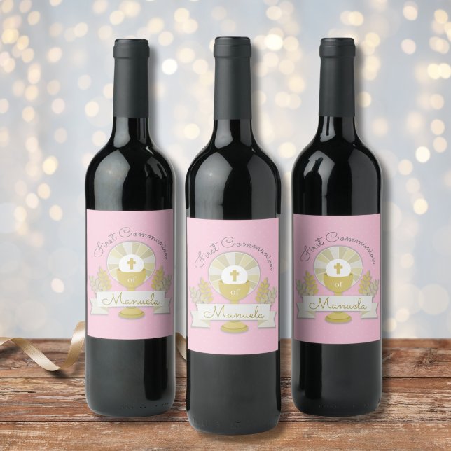 First communion, pink first communion wine label (Creator Uploaded)