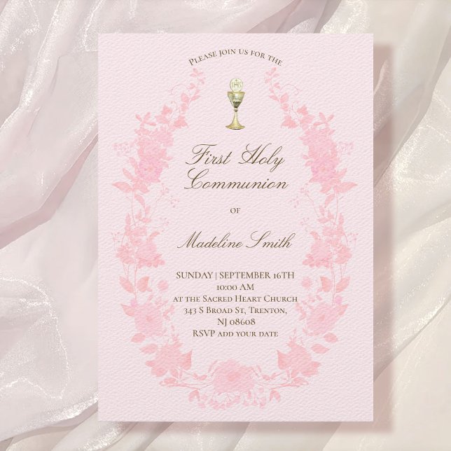 first communion pink floral frame invitation (Creator Uploaded)