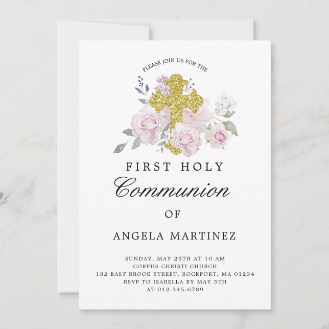 First Communion Pink Floral Gold Cross Invitation (Front)