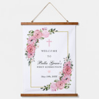 First Communion Pink Floral Keepsake Welcome Sign