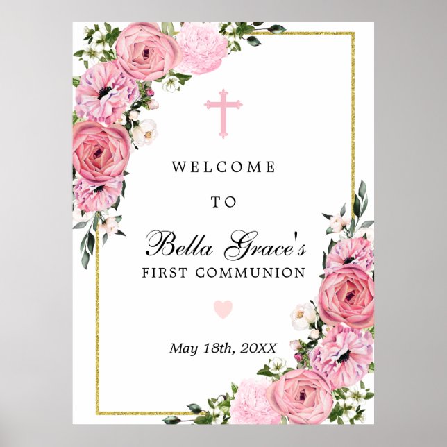 First Communion Pink Floral Welcome Sign (Front)