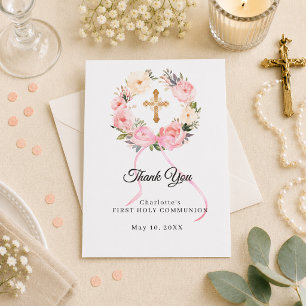 First Communion pink floral wreath bow photo girl Thank You Card