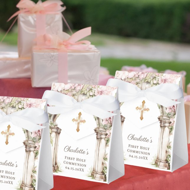 First Communion Pink Florals Arch Cross Favour Box (Creator Uploaded)