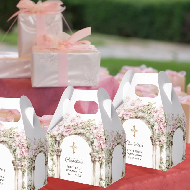 First Communion Pink Florals Arch Cross Favour Box (Creator Uploaded)