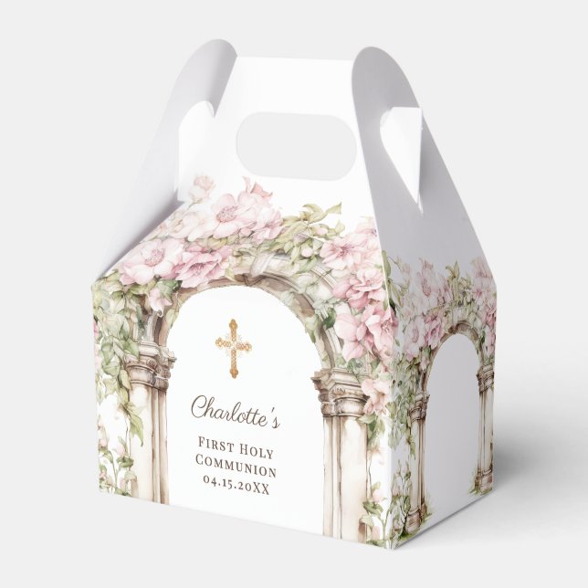 First Communion Pink Florals Arch Cross Favour Box (Front Side)