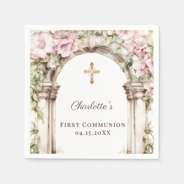 First Communion Pink Florals Arch Cross Luncheon Napkin (Front)