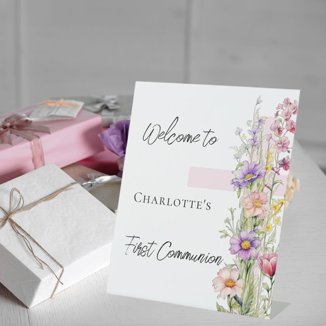 First Communion pink florals cross welcome sign (Creator Uploaded)