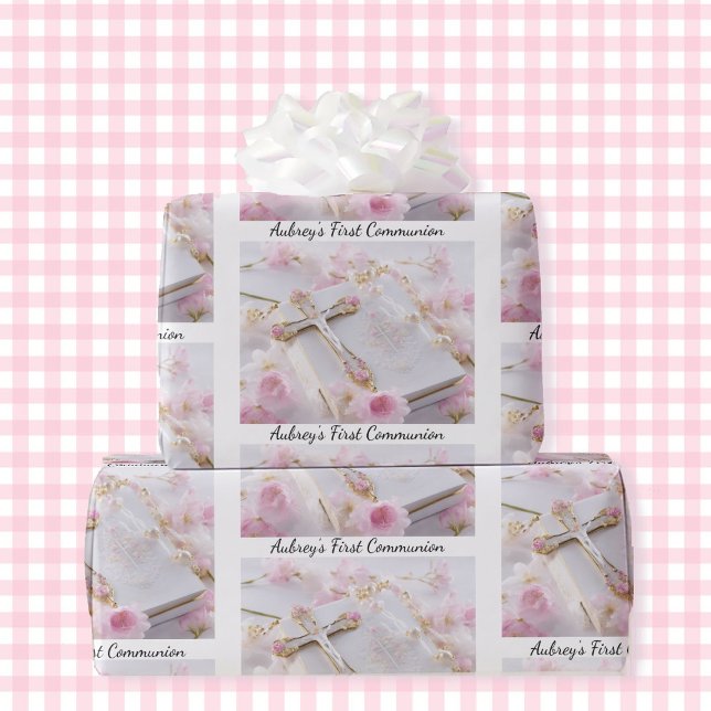 First Communion Pink Girl's Add Name White Wrapping Paper (Creator Uploaded)