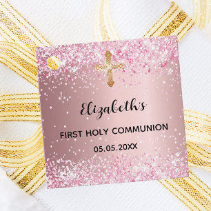 First communion pink glitter thank you cross favour tags