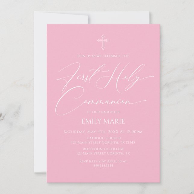 First Communion Pink Invitation (Front)