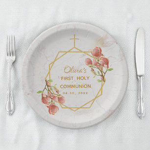 First Communion Pink Magnolia Marble Gold Floral Paper Plate