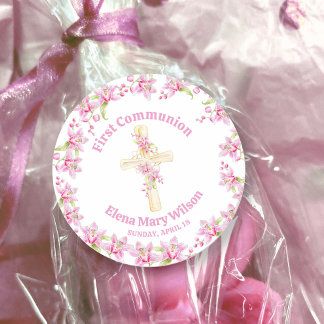 First Communion pink orchid watercolor  Classic Round Sticker