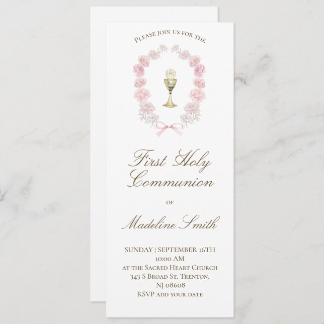 first communion pink peonies  invitation (Front/Back)