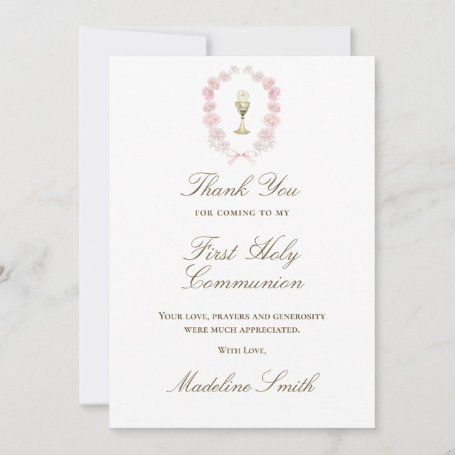 First Communion pink peonies thank you Card (Front)