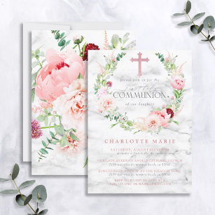 First Communion Pink Rose Floral Marble Cross Girl Invitation