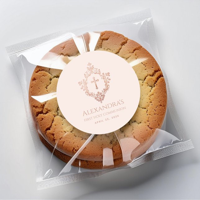 First Communion Pink Rose Gold Crest Elegant Girl Classic Round Sticker (Creator Uploaded)
