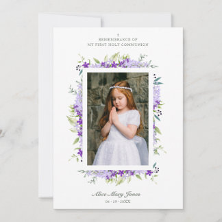 First Communion Purple Botanical Frame Photo Card