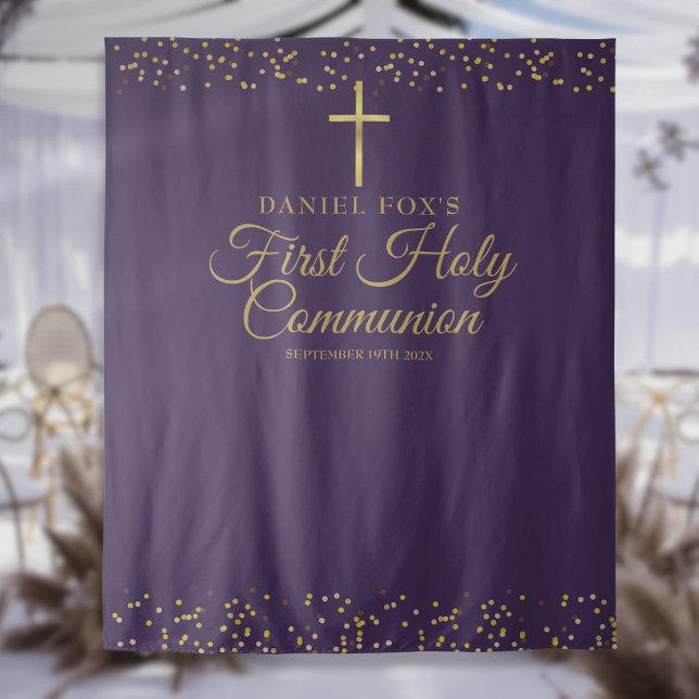 First Communion Purple Gold Photo Backdrop Tapestry (First Communion Purple Gold Photo Backdrop)