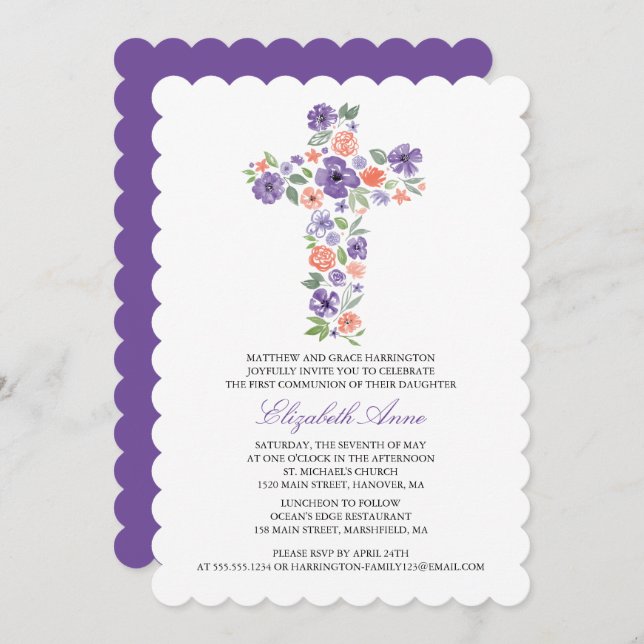 First Communion Purple Watercolor Flower Cross Invitation (Front/Back)