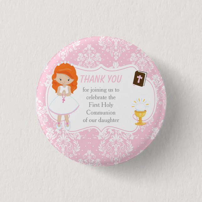 First Communion Red Hair Girl Thank You 3 Cm Round Badge (Front)